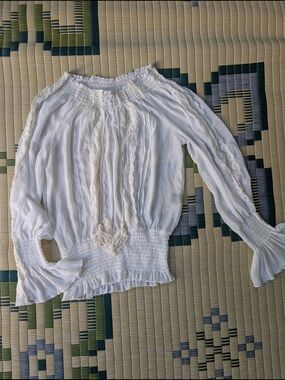 White Boho Peasant Blouse with Tassel Ties